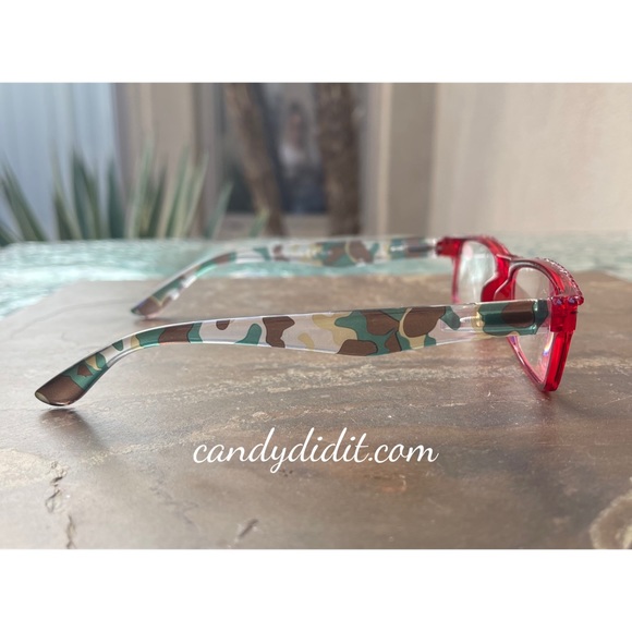 NWT Translucent Red & Camo W/Red Crystals Bling Reader Glasses With Case 1.25 - Picture 4 of 10
